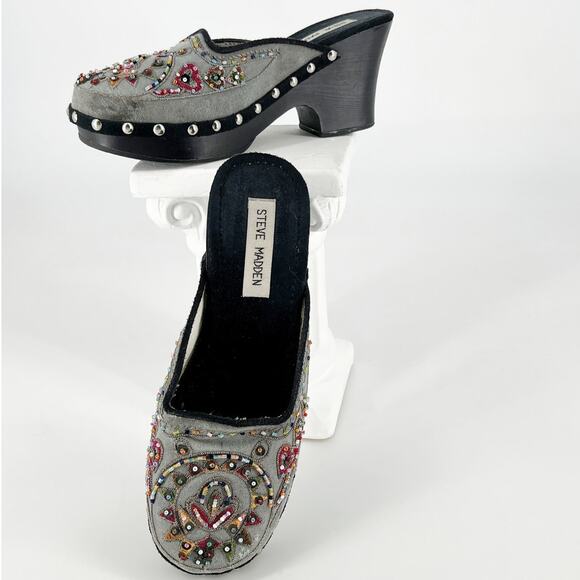 Steve Madden Firey Beaded Wooden Studded Slip On Clogs Western Boho Chic Size 7 - Picture 1 of 16